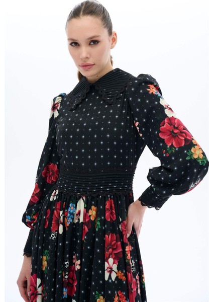 Nervür Detaylı Çiçekli Elbise Siyah fiyatları