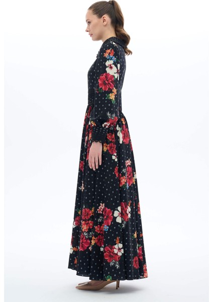 Nervür Detaylı Çiçekli Elbise Siyah modelleri