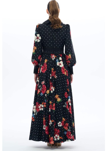 Nervür Detaylı Çiçekli Elbise Siyah fırsatları