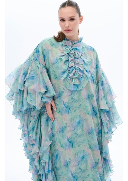 Kolları Fırfır Detaylı Kaftan Elbise Mint fiyatları