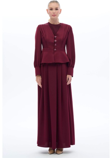 Vintage Görünümlü Etek Bluz Takım Mürdüm