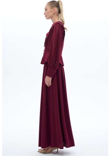 Vintage Görünümlü Etek Bluz Takım Mürdüm modelleri