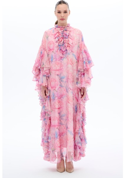 Kolları Fırfır Detaylı Kaftan Elbise Pembe