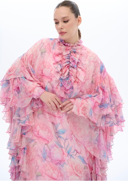 Kolları Fırfır Detaylı Kaftan Elbise Pembe