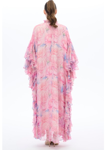 Kolları Fırfır Detaylı Kaftan Elbise Pembe