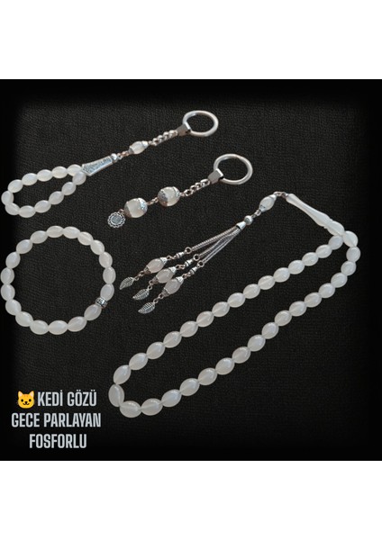 Kedi Gözü Tesbih 33 Lük Tesbih - Kedi Gözü Anahtarlık - Kedi Gözü Bileklik - Kedi Gözü Tesbih Anahtarlık Hediye Seti (Gece Parlayan Taş)