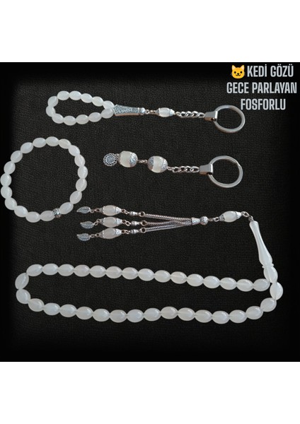 Kedi Gözü Tesbih 33 Lük Tesbih - Kedi Gözü Anahtarlık - Kedi Gözü Bileklik - Kedi Gözü Tesbih Anahtarlık Hediye Seti (Gece Parlayan Taş)