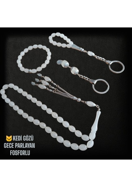 Kedi Gözü Tesbih 33 Lük Tesbih - Kedi Gözü Anahtarlık - Kedi Gözü Bileklik - Kedi Gözü Tesbih Anahtarlık Hediye Seti (Gece Parlayan Taş)