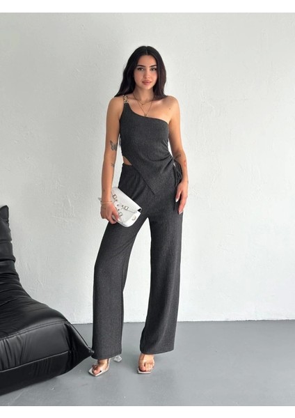 Asimetrik Crop Pantalon Ikili Takım - Füme