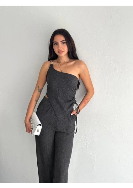 Asimetrik Crop Pantalon Ikili Takım - Füme fiyatları