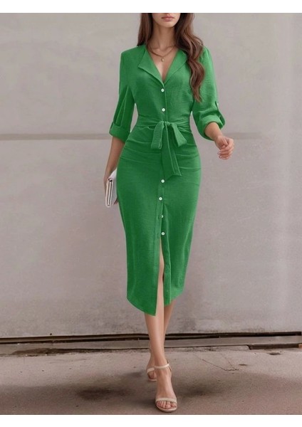 Kadın Uzun Kollu Önden Düğmeli Beli Kuşaklı Aerobin Midi Elbise