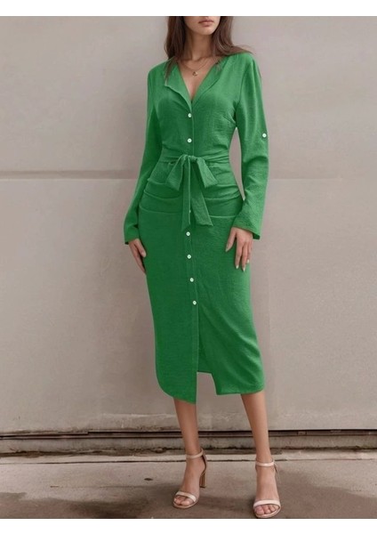 Kadın Uzun Kollu Önden Düğmeli Beli Kuşaklı Aerobin Midi Elbise fiyatları