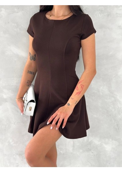 Kısa Kollu Mini Elbise - Kahverengi modelleri