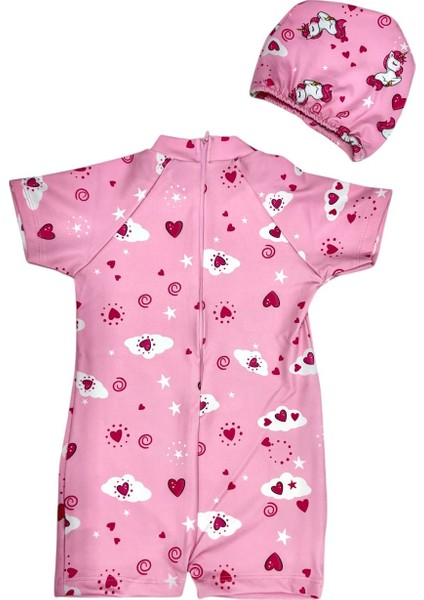 Kız Çocuk Pembe Bone ve Gizli Fermuarlı Tulum Mayo