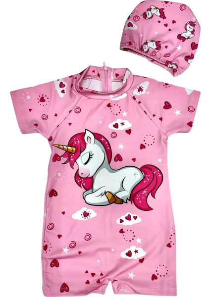 Kız Çocuk Pembe Bone ve Gizli Fermuarlı Tulum Mayo