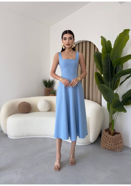 Kare Yaka Askılı Kloş Uzun Elbise modelleri