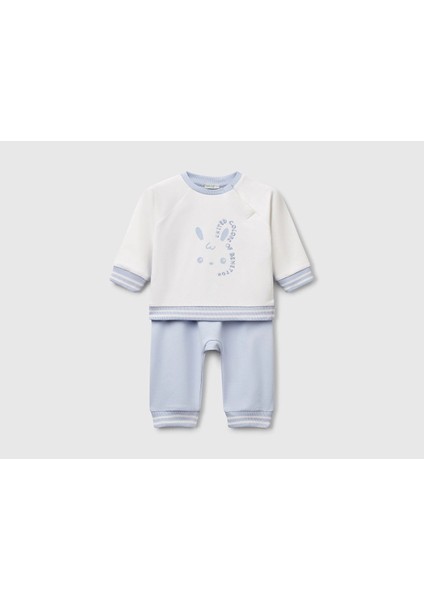 Bebek Beyaz-Mavi Baskılı Reglan Kol Üst ve Beli Büzgülü Eşofman Takım