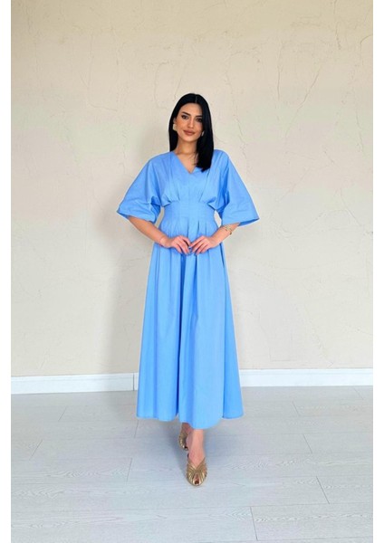 Butik Mavi Pileli Uzun Elbise