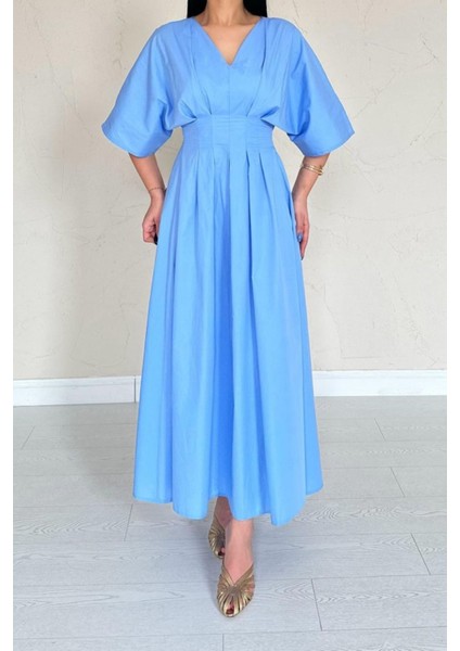 Butik Mavi Pileli Uzun Elbise