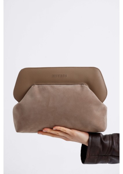 Kadın Vizon Deri Detaylı Süet Clutch El Çantası