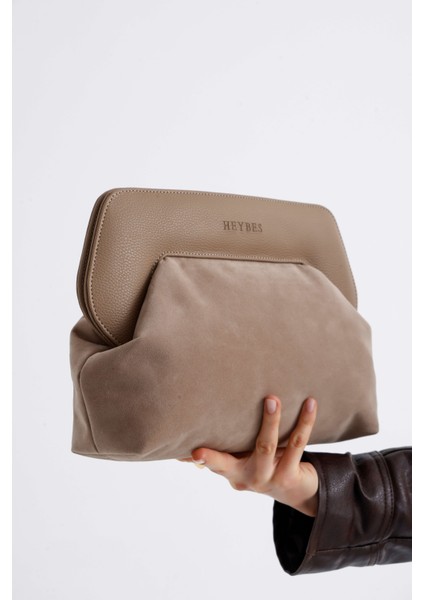Kadın Vizon Deri Detaylı Süet Clutch El Çantası