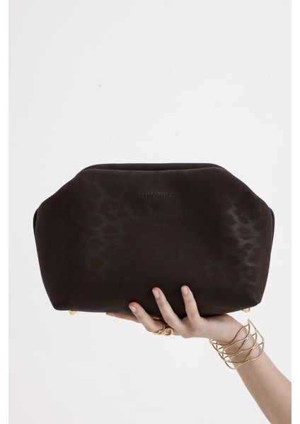 Kadın Koyu Kahve Leopar Desenli Deri Clutch El Çantası