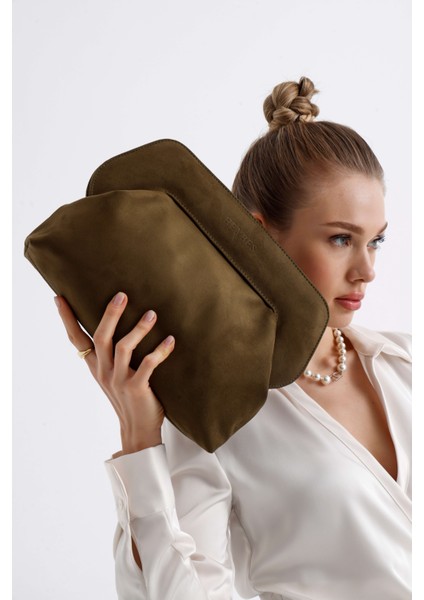 Kadın Haki Yeşil Süet Clutch El Çantası