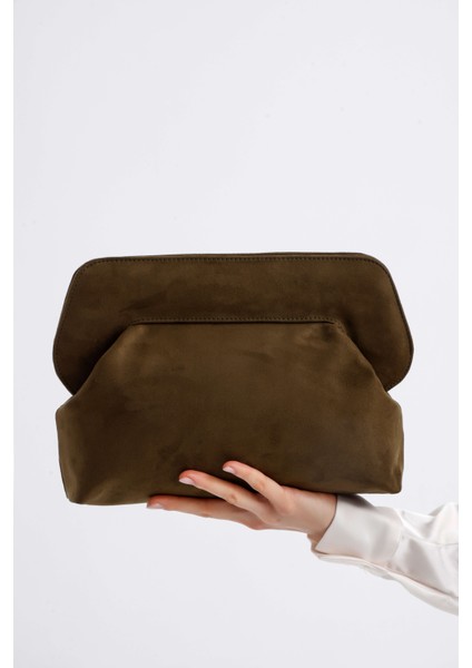 Kadın Haki Yeşil Süet Clutch El Çantası