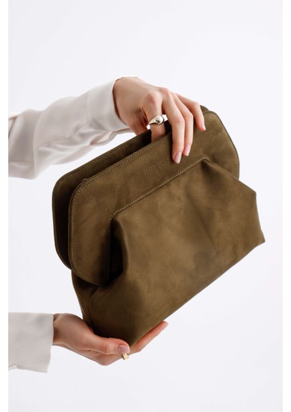 Kadın Haki Yeşil Süet Clutch El Çantası