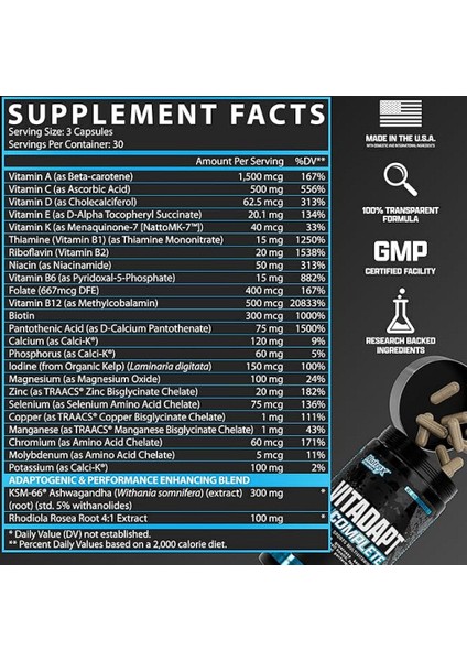 Vitadapt 24 Multivitamin For Men (Rhodiola ROSEA+KSM66 Hint Ginseng+Thiamine B1) 90 Caps