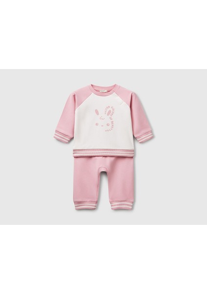 Bebek Pembe Baskılı Reglan Kol Üst ve Beli Büzgülü Eşofman Takım