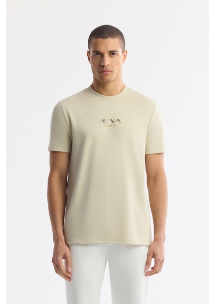 Erkek Bej Bisiklet Yaka Hologram Baskılı İnterlok T-Shirt A51Y1006