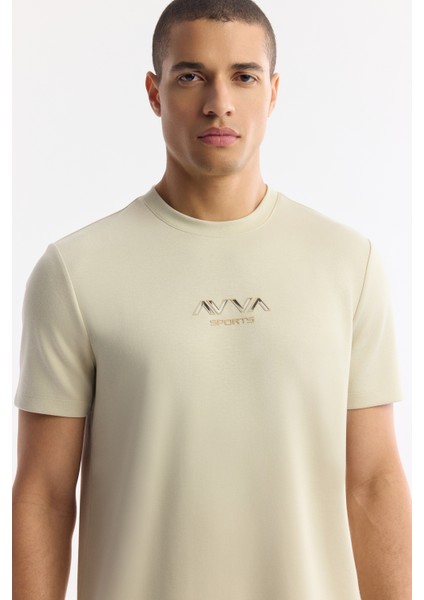 Erkek Bej Bisiklet Yaka Hologram Baskılı İnterlok T-Shirt A51Y1006