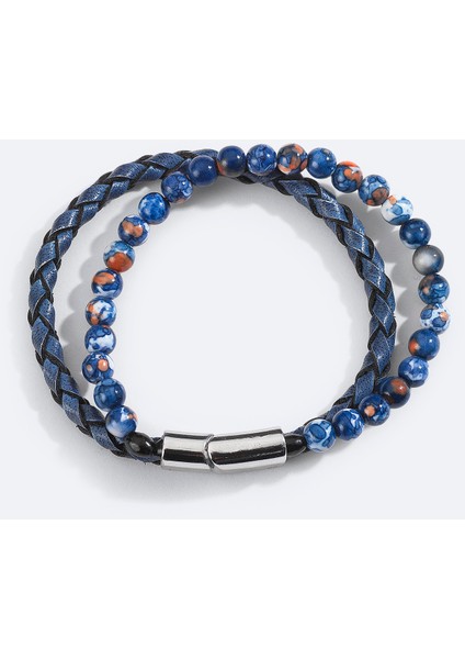 Erkek Mavi %100 Deri ve Ceyt Taşlı Bileklik A51Y9606