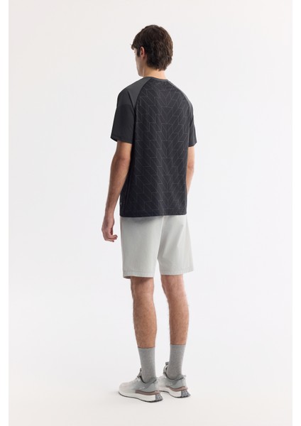 Erkek Siyah Bisiklet Yaka Geometrik Desenli Bloklu Teknik Kumaş Detaylı T-shirt A51Y1160