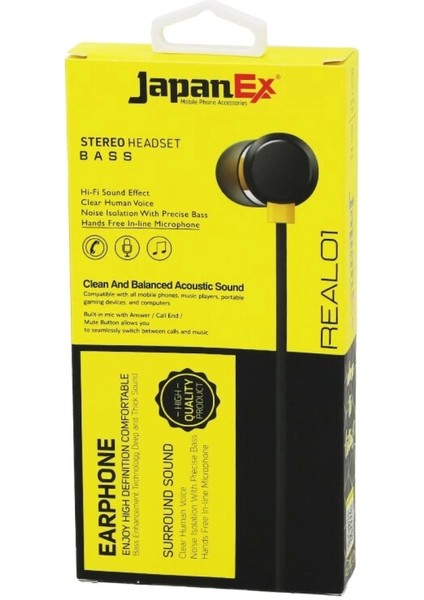 Japanex REAL01 Kulak Içi Mikrofonlu Stereo Kulaklık Kablolu= 1mt Aux Giriş (4887)
