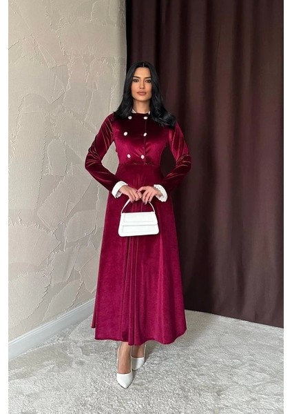 Bordo Yakası Taşlı Garnili Kadife Elbise