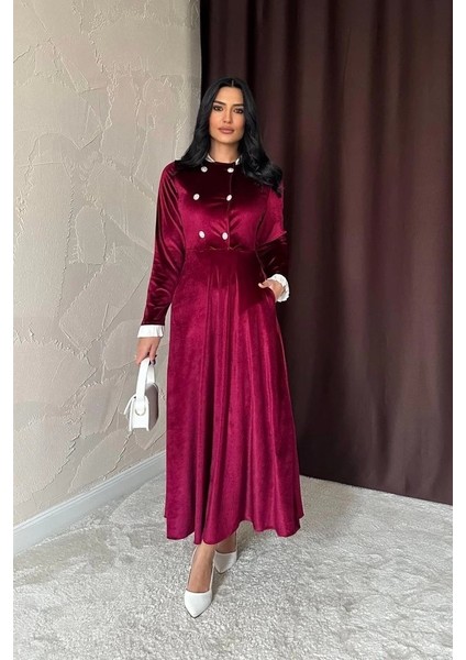 Bordo Yakası Taşlı Garnili Kadife Elbise