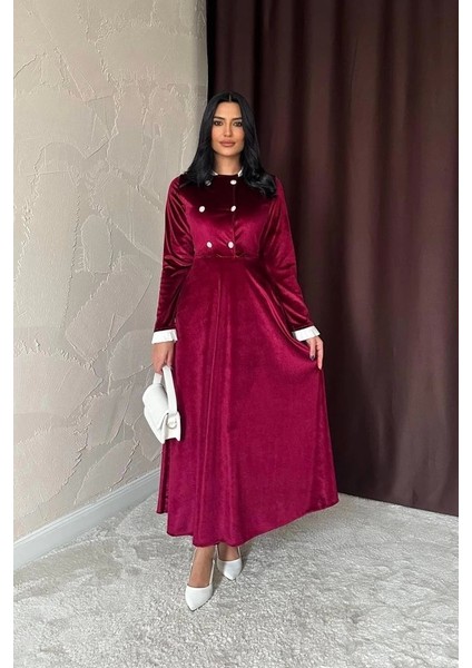 Bordo Yakası Taşlı Garnili Kadife Elbise