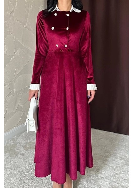 Bordo Yakası Taşlı Garnili Kadife Elbise