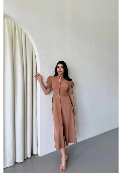 Yaka Düğme Detaylı Elbise - Kahverengi