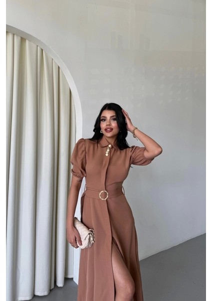 Yaka Düğme Detaylı Elbise - Kahverengi