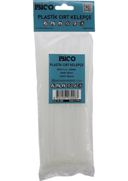 Beyaz 3.6X200MM Plastik Cırt Kelepçe 100PCS (4887)
