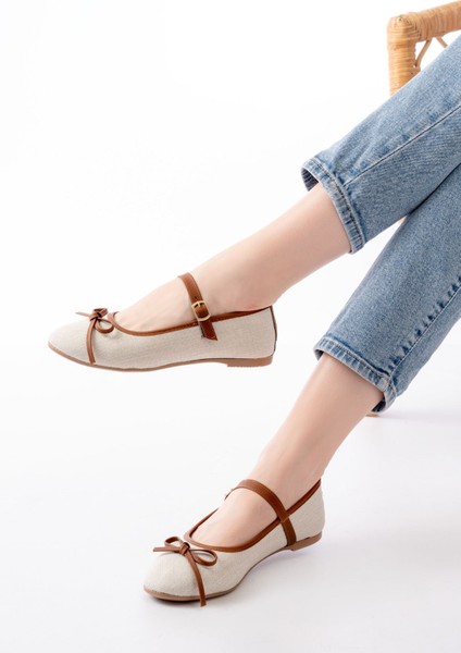 6321 Bej Keten Günlük Baret Tokalı Bayan Babet