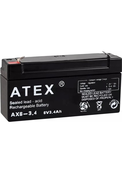 Atex Ax6-3.4 6 Volt - 3.4 Amper Yatık Akü (12.5X6X3CM) (4887)