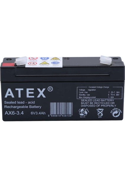 Atex Ax6-3.4 6 Volt - 3.4 Amper Yatık Akü (12.5X6X3CM) (4887)