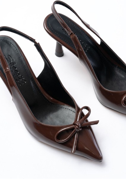 İNF-4500 Kahve Rugan Günlük Arkası Açık Fiyonklu Topuklu Bayan Ayakkabı fırsatları