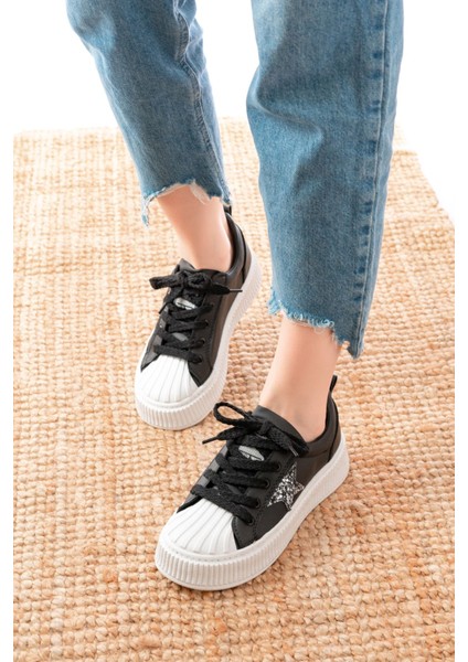 DM-7100 Siyah Bağcıklı Termo Taban Taş Aksesuarlı Günlük Spor Ayakkabı