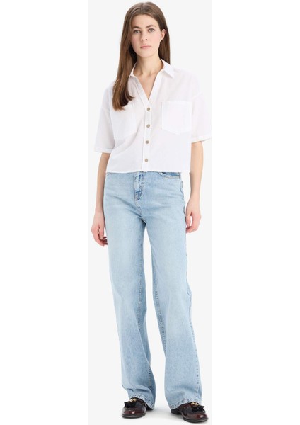 Boxy Fit Cepli Basic Düz Kısa Kollu Gömlek V2523AZ25SP