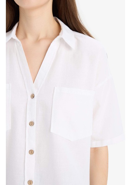 Boxy Fit Cepli Basic Düz Kısa Kollu Gömlek V2523AZ25SP
